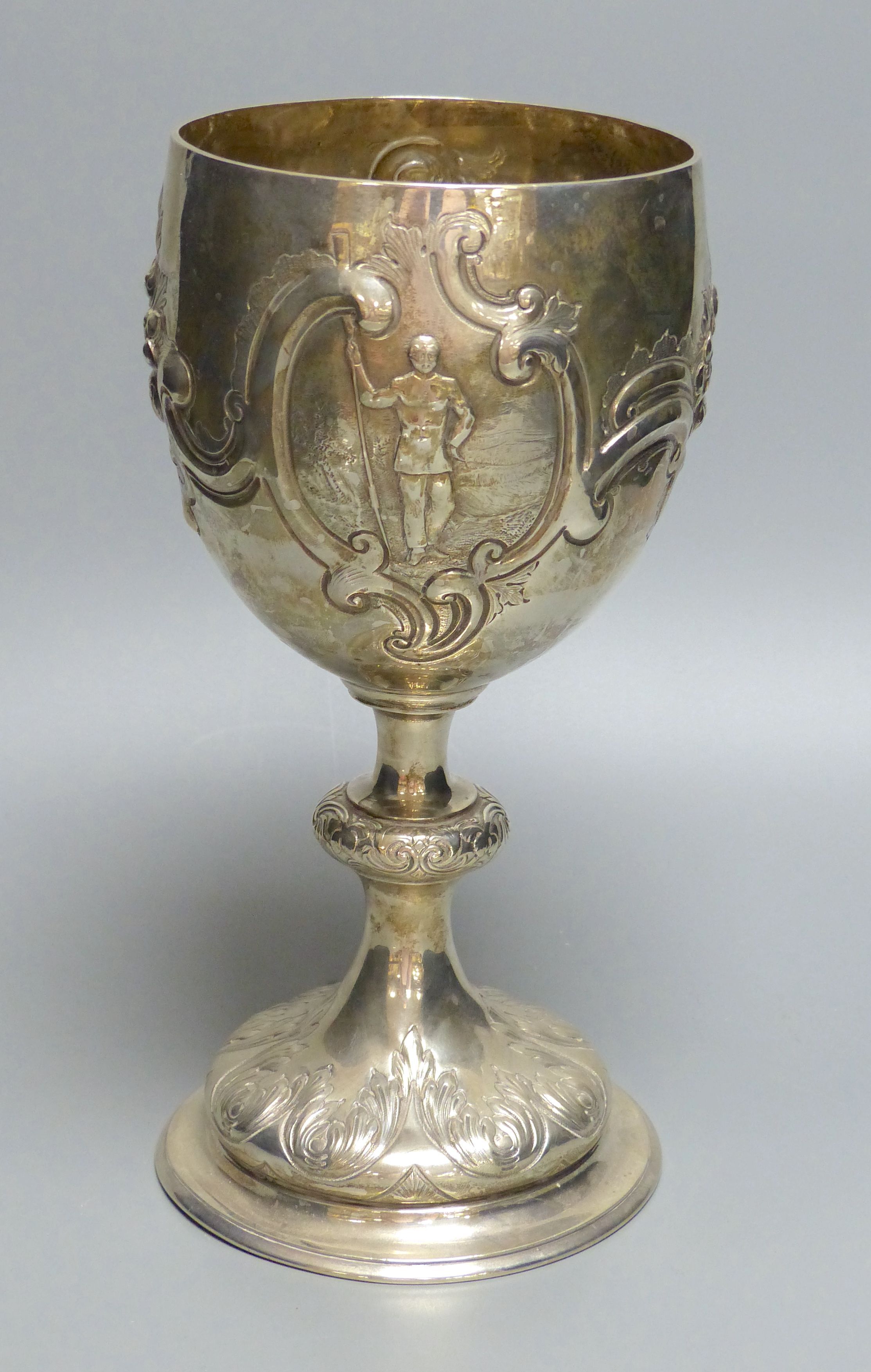 A Victorian embossed silver rowing trophy goblet, George Fox, London, 1882, 26.5cm,